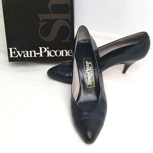 EVAN-PICONE Charvet Navy Kid Heel Pumps 8N EUC In Box